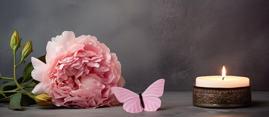 Fototapete - Delicate pink peony flower on the left with fresh green buds, a soft pink butterfly nearby, and a lit candle on the right against a textured gray background.