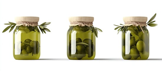 Poster - Glass jars of green olives arranged in a row on a white background with wooden lids and olive leaves for a fresh and natural look