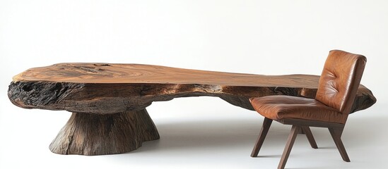Aufkleber - Sustainably crafted reclaimed wood table with unique organic shape in warm brown tones paired with modern leather chair against a white background