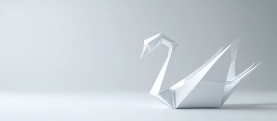 Leinwandbilder - Elegant white origami swan positioned on the right side against a soft grey background, highlighting minimalist art and creativity.