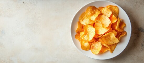 Poster - Crispy golden apple chips arranged in a white ceramic plate centered above on a light beige rustic background for a healthy snack concept