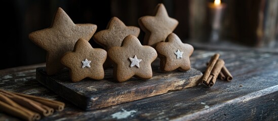 Poster - Gingerbread star cookies arranged on a rustic wooden board with cinnamon sticks and a candle in the background creating a cozy ambiance