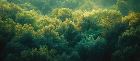 Aufkleber - Aerial view of a lush mixed forest displaying vibrant green deciduous trees under soft sunlight showcasing rich natural textures and depth.