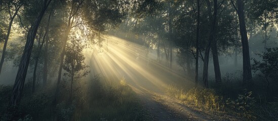 Aufkleber - Serene early morning forest scene with golden sunlight rays filtering through misty trees illuminating a winding path and greenery on the ground