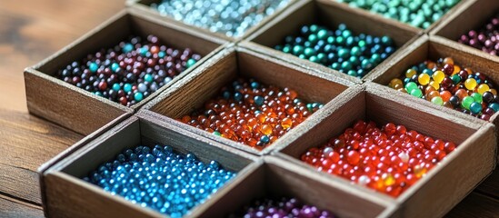 Poster - Colorful assortment of beads in wooden boxes arranged in a grid on a wooden surface ideal for DIY jewelry making and creative crafts activities