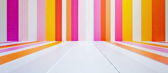 Poster - Vibrant striped backdrop featuring vertical lines in pink, orange, yellow, and white against a clean white floor, ideal for creative projects.