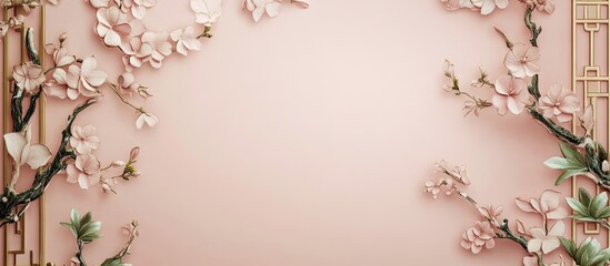 Poster - Delicate light pink Korean traditional paper with intricate floral designs in soft hues, positioned in corners enhancing elegance and tranquility.