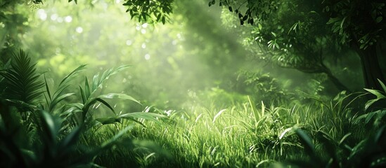 Fototapete - Lush green forest backdrop in soft focus with hazy light creating a tranquil atmosphere highlighting vibrant foliage and serene nature elements.