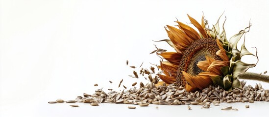 Poster - Sunflower head with dried petals positioned left, surrounded by scattered seeds against a clean white background creating vibrant contrast.