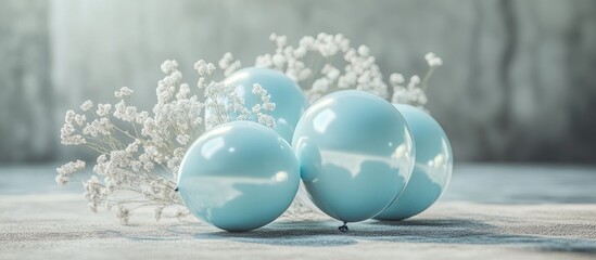 Poster - Glossy light blue balloons arranged on a soft surface with delicate white flowers in the background creating a serene and charming atmosphere