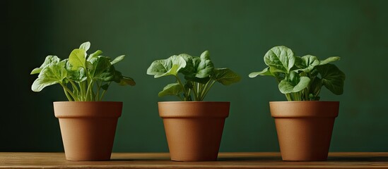 Poster - Fresh green sorrel plants in terracotta pots arranged in a row on a wooden table against a dark green background emphasizing their vibrant growth.
