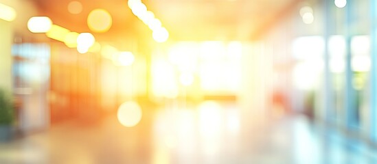 Aufkleber - Bright blurred interior with warm golden and soft orange hues, showcasing a spacious lobby with natural light from large windows on the right side.