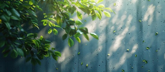 Poster - Sunlight filtering through green leaves onto a textured blue wall with soft shadows creating a serene, natural ambiance.