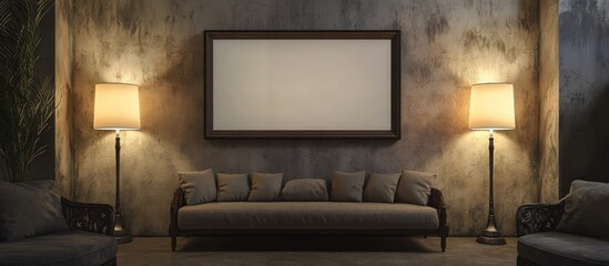 Poster - Elegant living room with a blank frame centered on a textured wall, flanked by two warm-lit lamps, featuring a comfortable gray sofa in front.