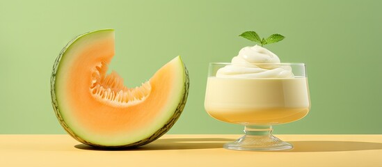 Aufkleber - Melon half in soft orange displaying juicy texture beside a creamy dessert in glass topped with mint leaf on yellow surface against green background.