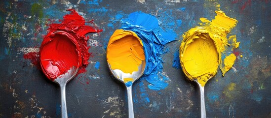 Aufkleber - Vibrant red blue and yellow paint in spoons on a textured dark background showcasing creativity and artistic expression in bold colors
