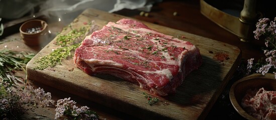 Aufkleber - Raw juicy ribeye steak with marbling on a wooden cutting board surrounded by fresh herbs and spices in warm earthy tones highlighting rich textures.