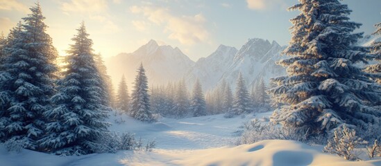 Aufkleber - Majestic winter landscape with snow-covered evergreen trees in the foreground and sunlit mountains in the background under a soft blue sky