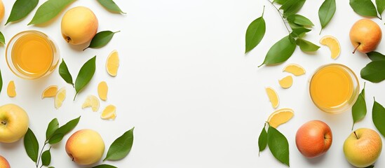 Poster - Fresh apples and juice on a white background surrounded by green leaves and apple peels arranged symmetrically for a vibrant natural look