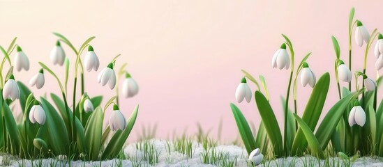 Poster - White snowdrop flowers with green leaves in a soft pink background, arranged symmetrically on the left and right, indicating early spring vibes.