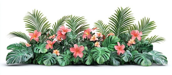 Aufkleber - Tropical flower bush featuring vibrant pink flowers and rich green leaves against a white background with a lush arrangement of palm fronds.