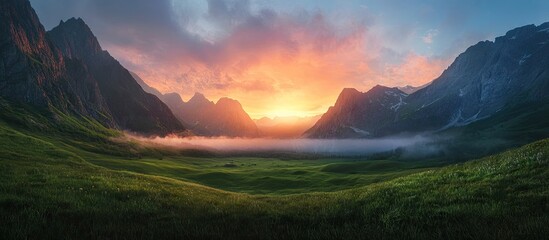 Aufkleber - Vibrant sunset over foggy valley with lush green grass meadow foreground and majestic rocky mountain peaks illuminated by colorful evening sky.
