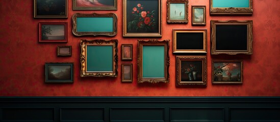 Poster - Conceptual image of a vintage photo frame gallery arranged on a textured orange wall with green accents, showcasing various decorative frames and artwork.