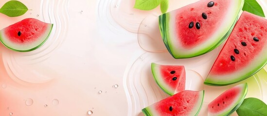 Poster - Vibrant sliced watermelon pieces scattered on a soft pink and white gradient backdrop with green leaves enhancing the fresh summer feel.