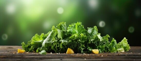 Poster - Fresh green lettuce with vibrant leafy texture arranged artistically on a rustic wooden table with soft green bokeh background and lemon wedges.