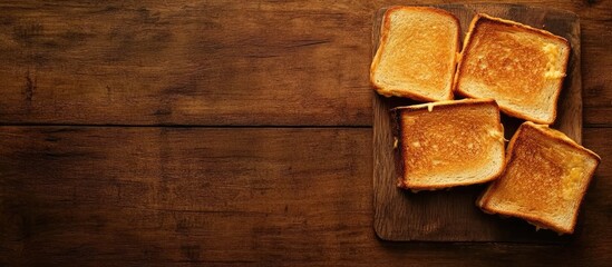 Poster - Golden brown toast sandwiches stacked on a rustic wooden board with a dark backdrop, highlighting the crispy texture and cheese filling.