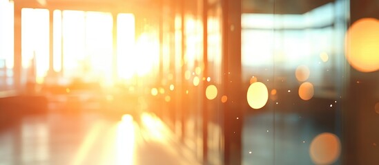 Aufkleber - Bright sunlit office interior with warm golden bokeh effects, large windows in the background reflecting orange hues and soft light patterns.