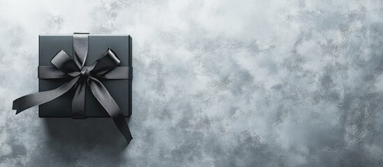 Aufkleber - Elegant black gift box with a satin ribbon on a textured gray background, positioned in the top right corner, evoking sophistication and charm.