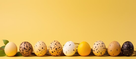 Aufkleber - Colorful quail eggs arranged in a row on a vibrant yellow background with a few green leaves for contrast creating an inviting spring aesthetic.
