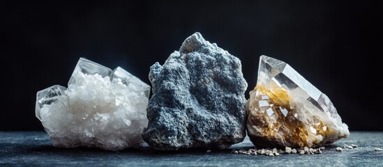 Aufkleber - Close-up of three distinct minerals on a dark surface featuring white quartz, gray sedimentary rock, and golden calcite positioned from left to right.