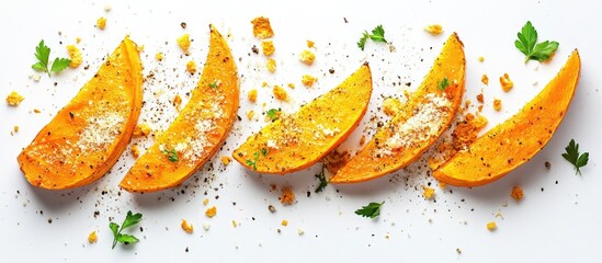 Poster - Roasted pumpkin slices garnished with breadcrumbs and parmesan on a clean white background with green herbs and seasoning, vibrant orange color.