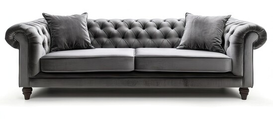 Fototapete - Elegant gray tufted sofa with plush cushions, centered on a white background, showcasing a classic design and luxurious upholstery details.