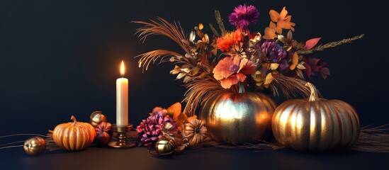 Poster - Autumnal arrangement with golden pumpkins and candle near vibrant floral bouquet on dark background creating a warm festive atmosphere