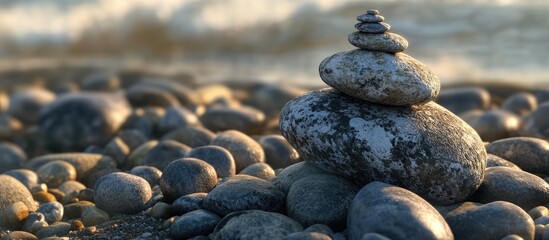 Poster - Balanced stack of smooth zen stones atop rounded pebbles with gentle waves in the background, soft sunset light creating a serene atmosphere.