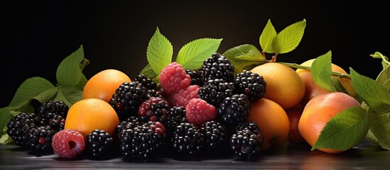 Poster - A vibrant assortment of blackberries, raspberries, and apricots amid lush green leaves on a dark background, creating a rich contrast.