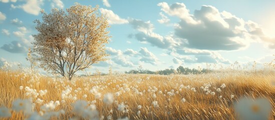 Aufkleber - Golden meadow under a bright blue sky with fluffy clouds, featuring a solitary tree on the left and delicate white flowers throughout the field.