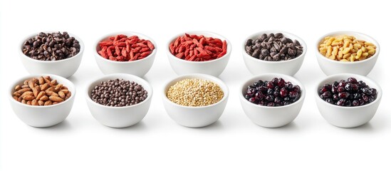 Poster - Colorful arrangement of superfood ingredients including cacao beans, goji berries, tiger nuts and quinoa seeds in white bowls on white background.