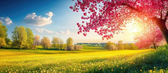 Poster - Vibrant spring landscape featuring a blooming pink tree on the right with sun flare, lush green fields, and bright blue skies under fluffy clouds.