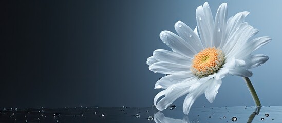 Aufkleber - Fresh daisy flower with water droplets positioned on the right against a gradient gray background, providing ample space for text or images.