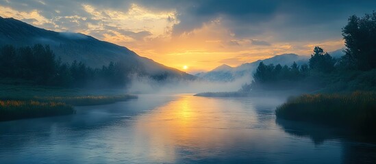 Aufkleber - Serene river landscape at dawn with mist over water reflecting vibrant orange and blue hues, framed by lush green hills in a national park.