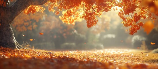 Poster - Autumn landscape featuring vibrant orange and yellow leaves falling from an ancient tree with soft sunlight filtering through, creating a serene atmosphere.