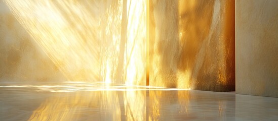 Poster - Warm golden light beams radiate softly across a reflective surface, creating a serene and tranquil atmosphere with a hint of comfort.