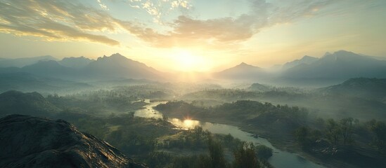 Poster - Sunrise illuminating misty mountains and hills with radiant sunlight above a tranquil river creating a breathtaking natural landscape