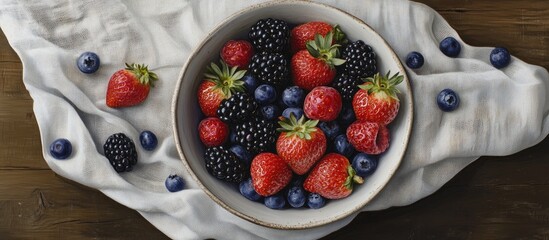 Poster - Assorted fresh berries including strawberries blueberries and blackberries in spotted ceramic bowl on white napkin over wooden table top view natural light
