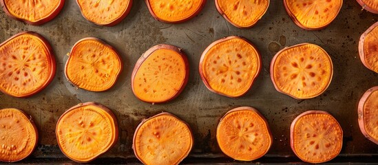 Poster - Vibrant orange sweet potato slices neatly arranged on a dark metal tray with ample copy space, showcasing their texture and color contrast.
