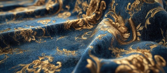 Poster - Luxurious blue fabric with intricate golden floral patterns draping elegantly, showcasing a rich velvety texture for a sophisticated background.